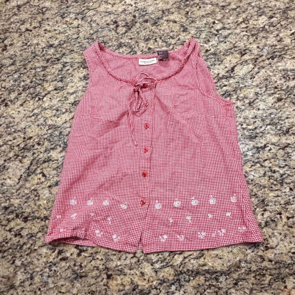 Vintage Faded Glory Womens Red Gingham Floral Embroidered Sleeveless Top M v